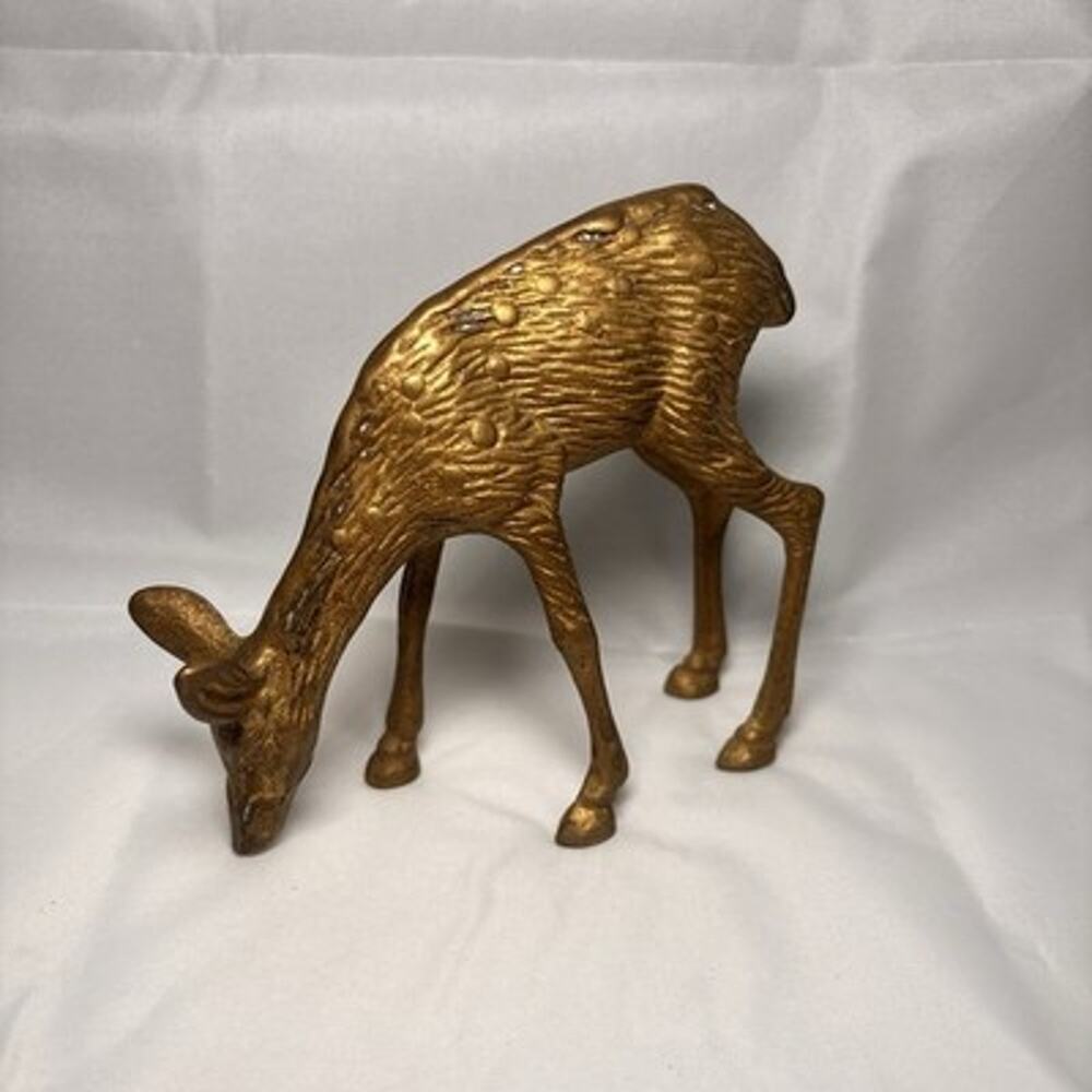 Vintage Brass Deer Figurine 5” Heavy Metal Grazing Doe Woodland Decor
